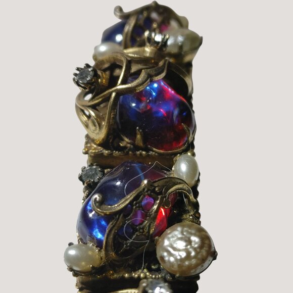 Vintage Bracelet Dragon Breathe Stones Faux Pearls Rhinestone Ornate Filigree - Picture 2 of 16
